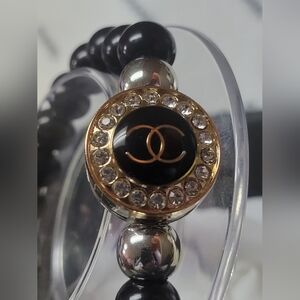 Chanel Black/gold/crystal Button, Restyled Beaded Stretch Bracelet